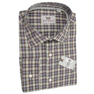 NEW $145 Hickey Freeman Crisp Button Front Shirt! Brown, White & Blue Plaid